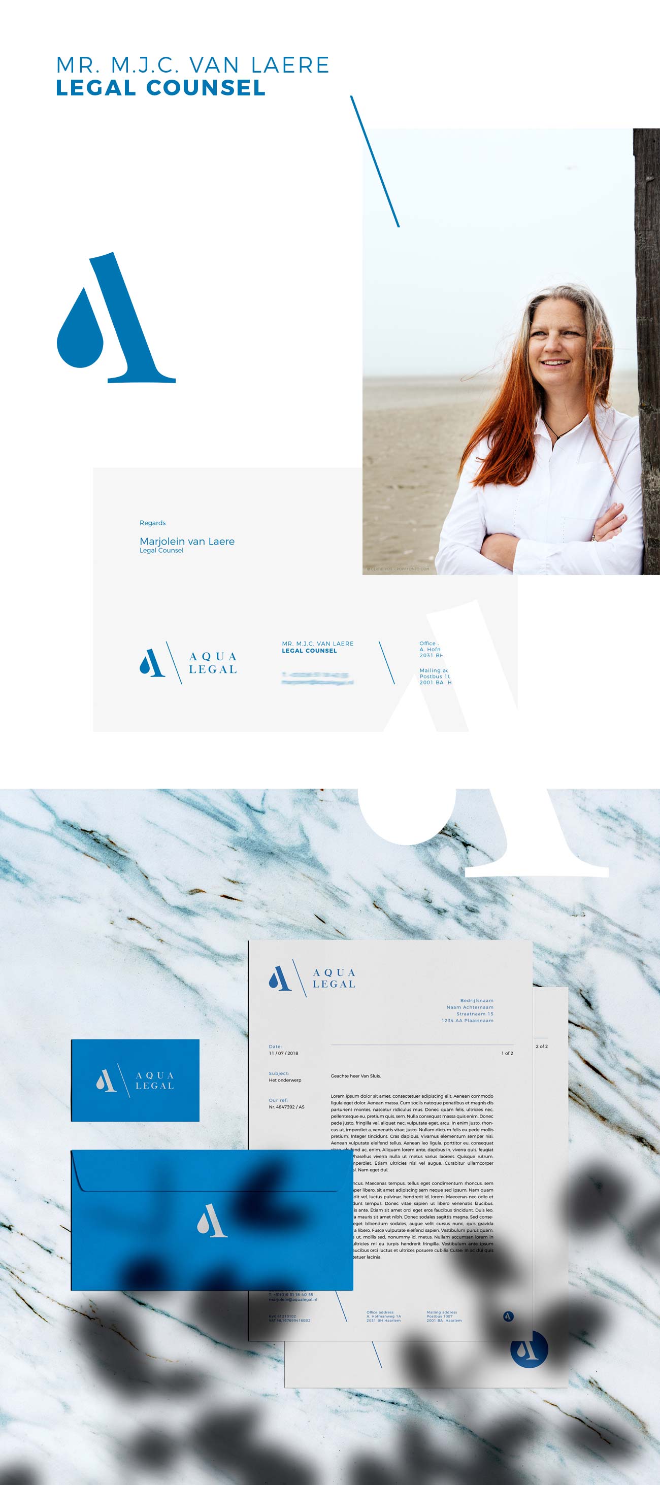 Branding Identity logo design business cards letterhead and portrait photography for Aqua Legal Marjolein van Laere by Poppyonto