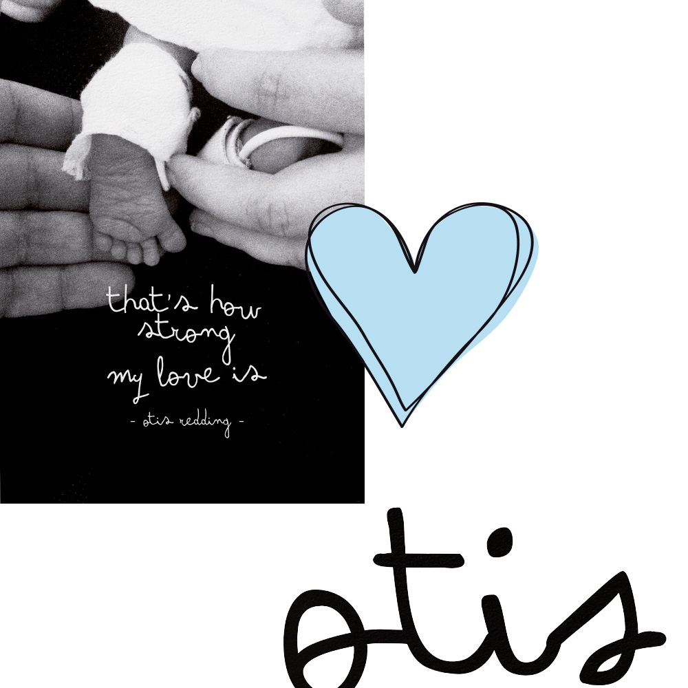 birth announcement of Otis on a A3 poster with illustrations photos and words made by Poppyonto