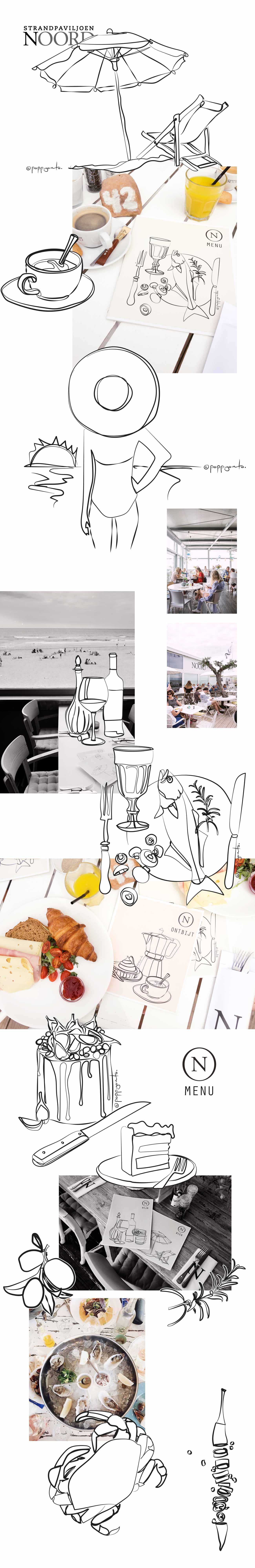 illustrations and line drawings of dishes and drinks for the menu of strandpaviljoen noord bergen aan zee by Poppyonto