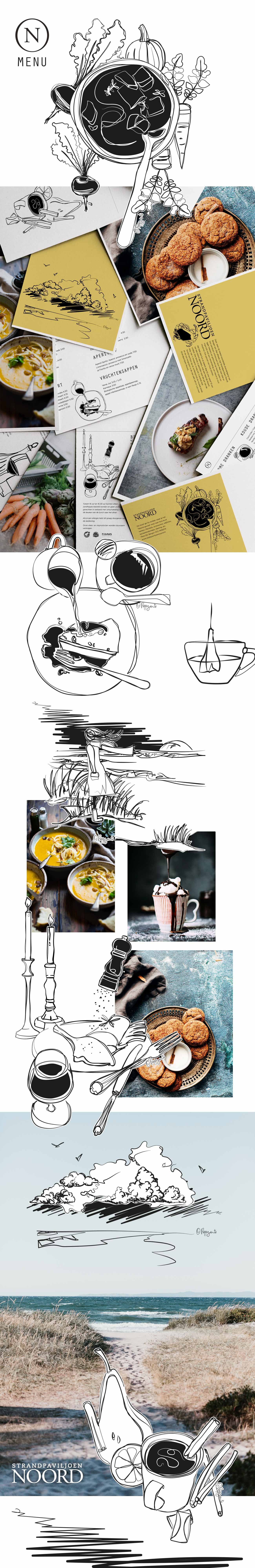 illustrations and line drawings of dishes and drinks for the menu of strandpaviljoen noord bergen aan zee by Poppyonto